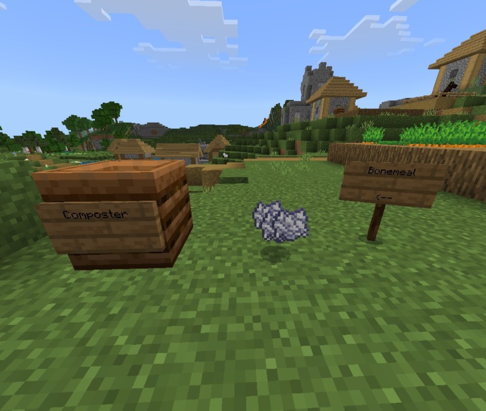 A screenshot from Minecraft showing a composter and bone meal.